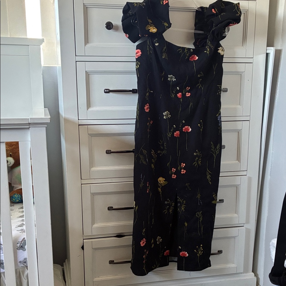 H&M Floral Black Dress with Puff Sleeves